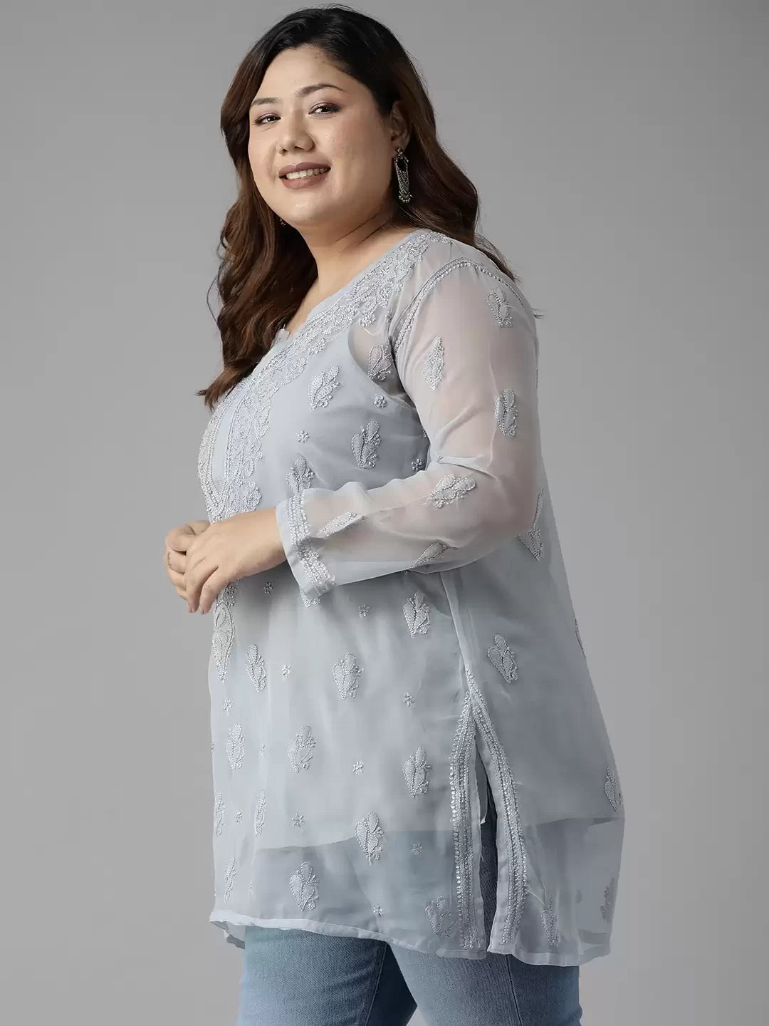 Ada Hand Embroidered Grey Georgette Lucknowi Chikankari Straight Kurti With Slip A911271