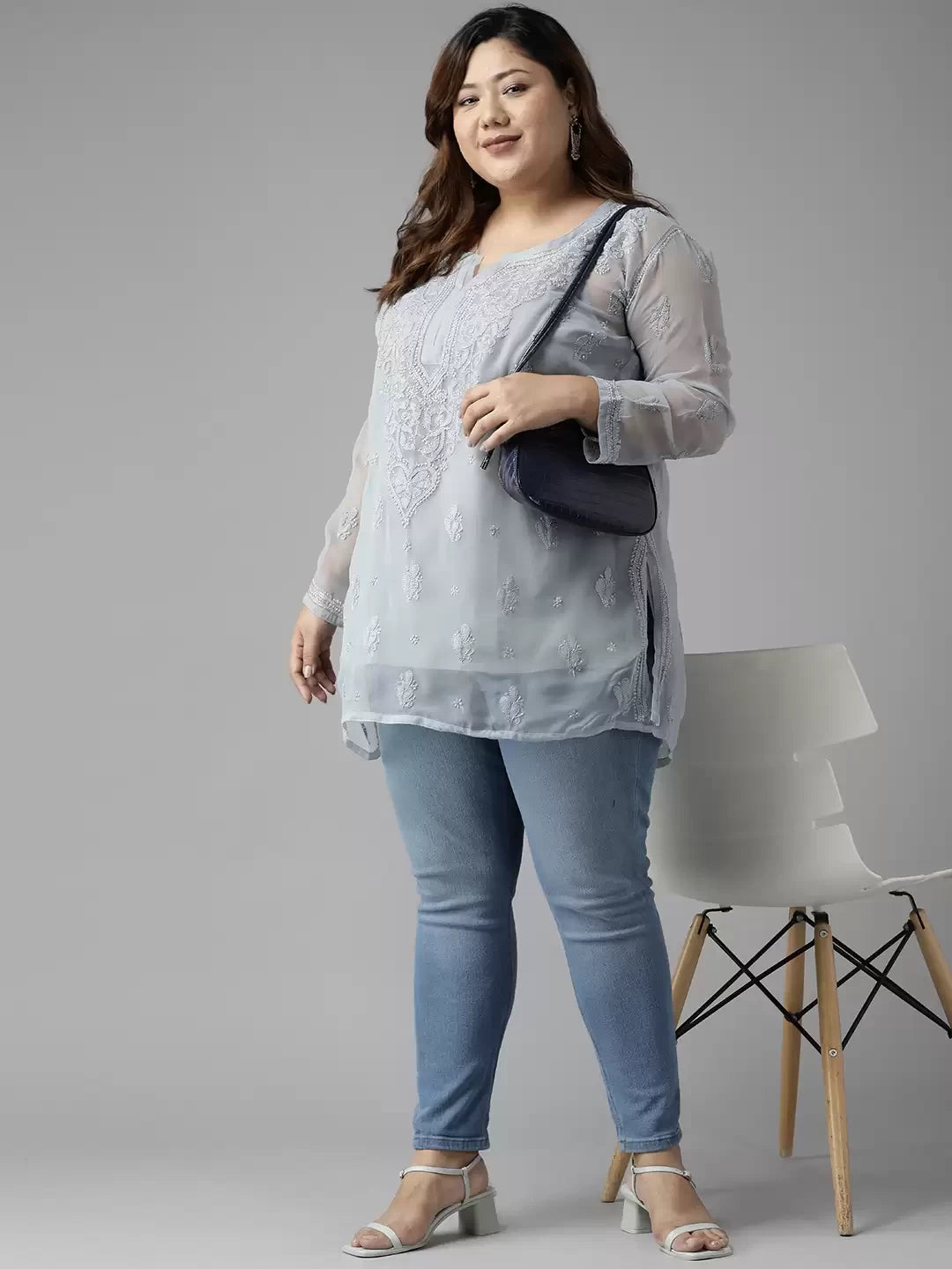 Ada Hand Embroidered Grey Georgette Lucknowi Chikankari Straight Kurti With Slip A911271