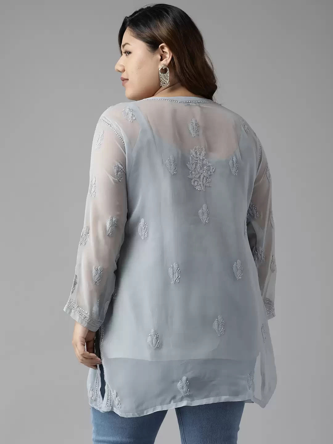 Ada Hand Embroidered Grey Georgette Lucknowi Chikankari Straight Kurti With Slip A911271
