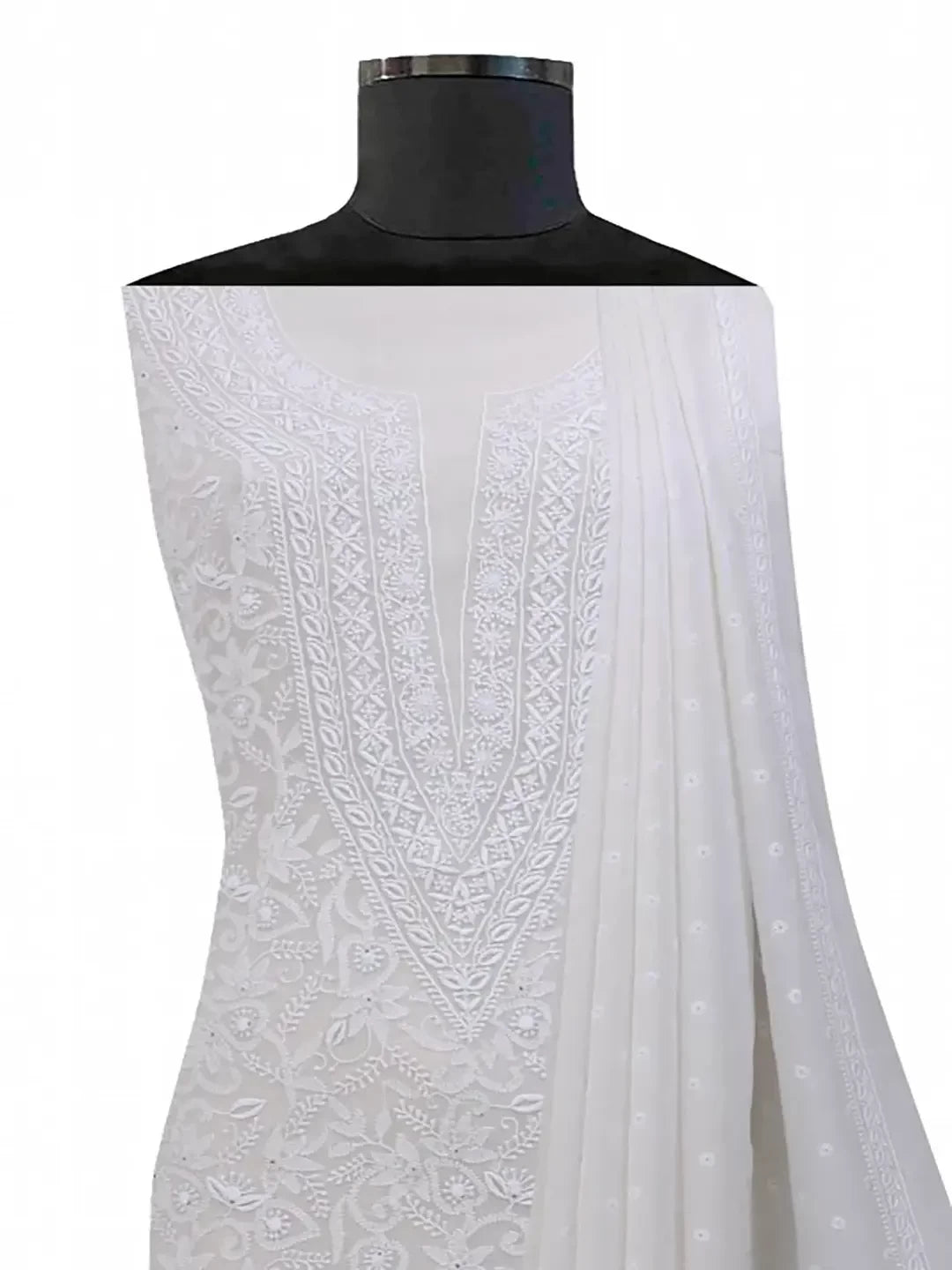 Ada Hand Embroidered White Pure Georgette Lucknowi Chikankari Unstitched Kurta Dupatta Set A190878