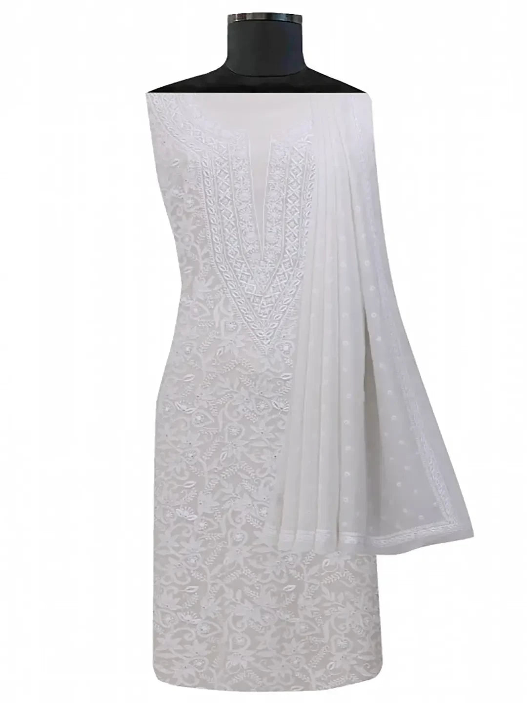 Ada Hand Embroidered White Pure Georgette Lucknowi Chikankari Unstitched Kurta Dupatta Set A190878