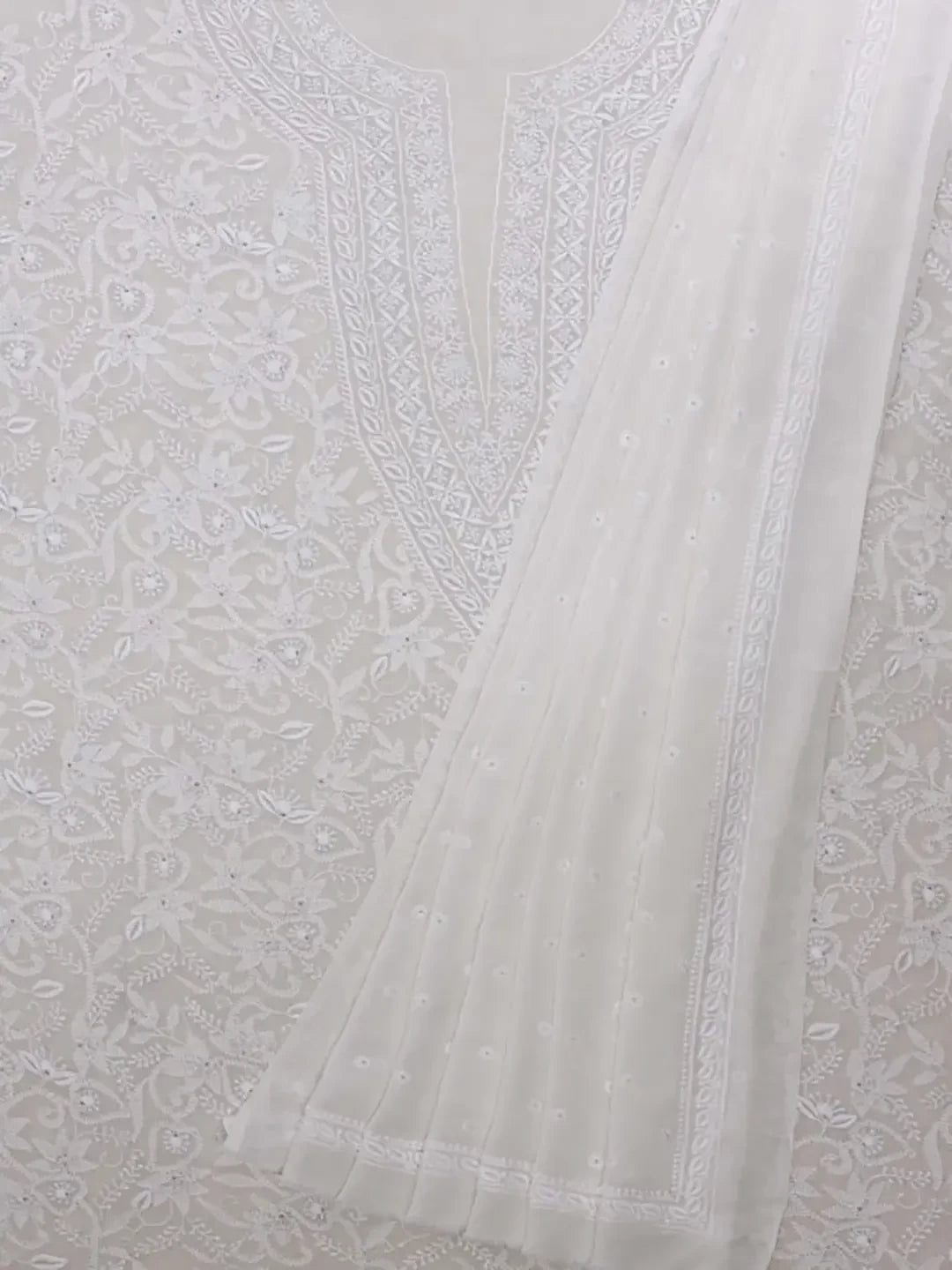 Ada Hand Embroidered White Pure Georgette Lucknowi Chikankari Unstitched Kurta Dupatta Set A190878
