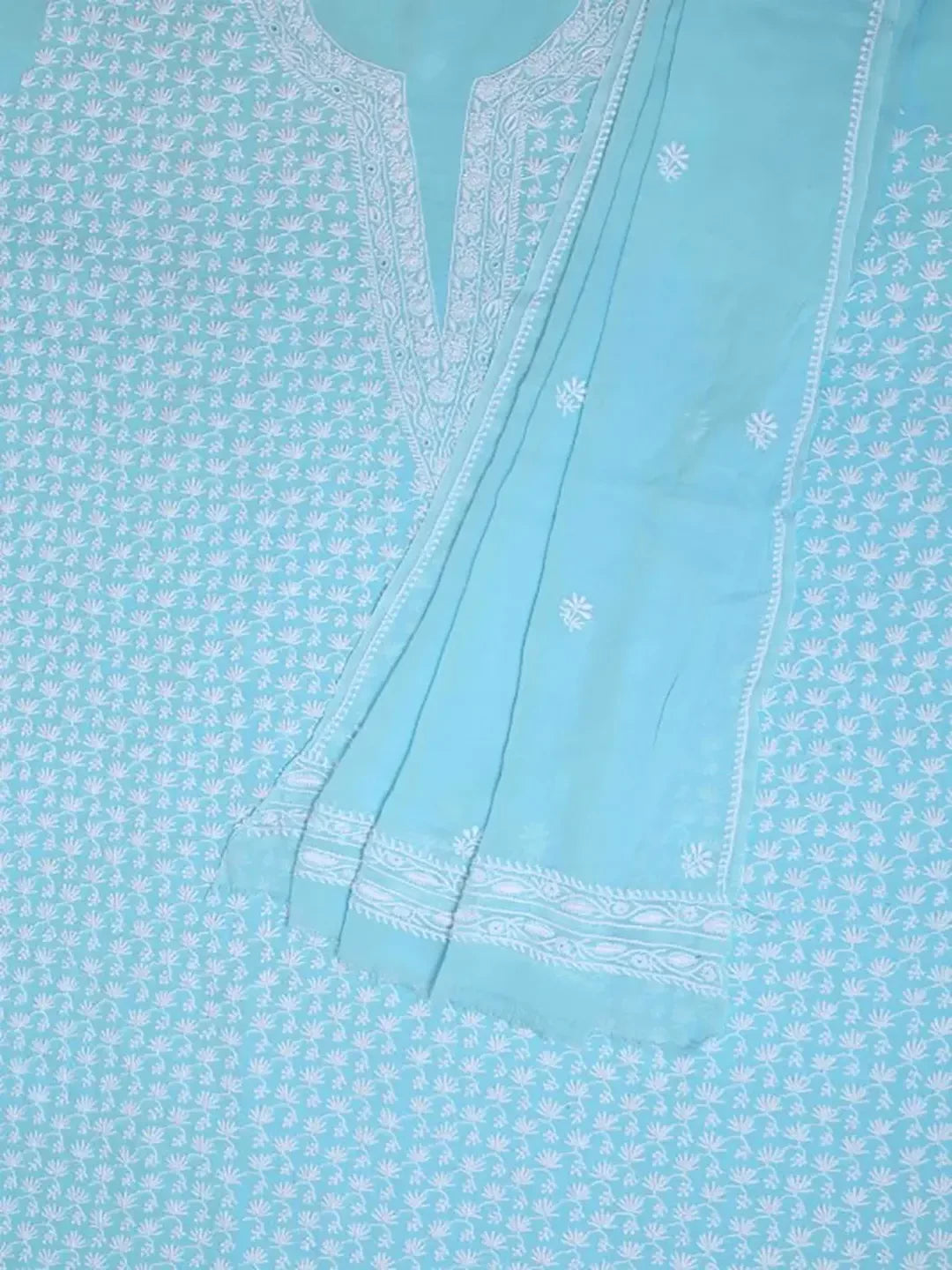 Ada Hand Embroidered Blue Pure Georgette Lucknowi Chikankari Unstitched Kurta Dupatta Set A288035