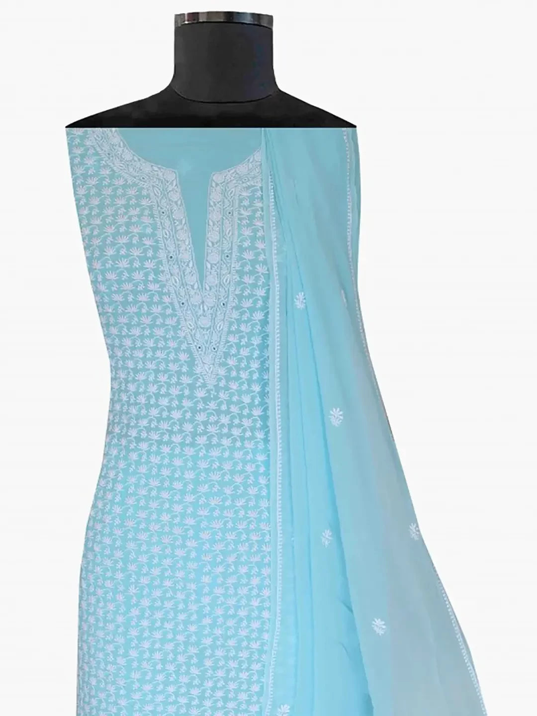 Ada Hand Embroidered Blue Pure Georgette Lucknowi Chikankari Unstitched Kurta Dupatta Set A288035