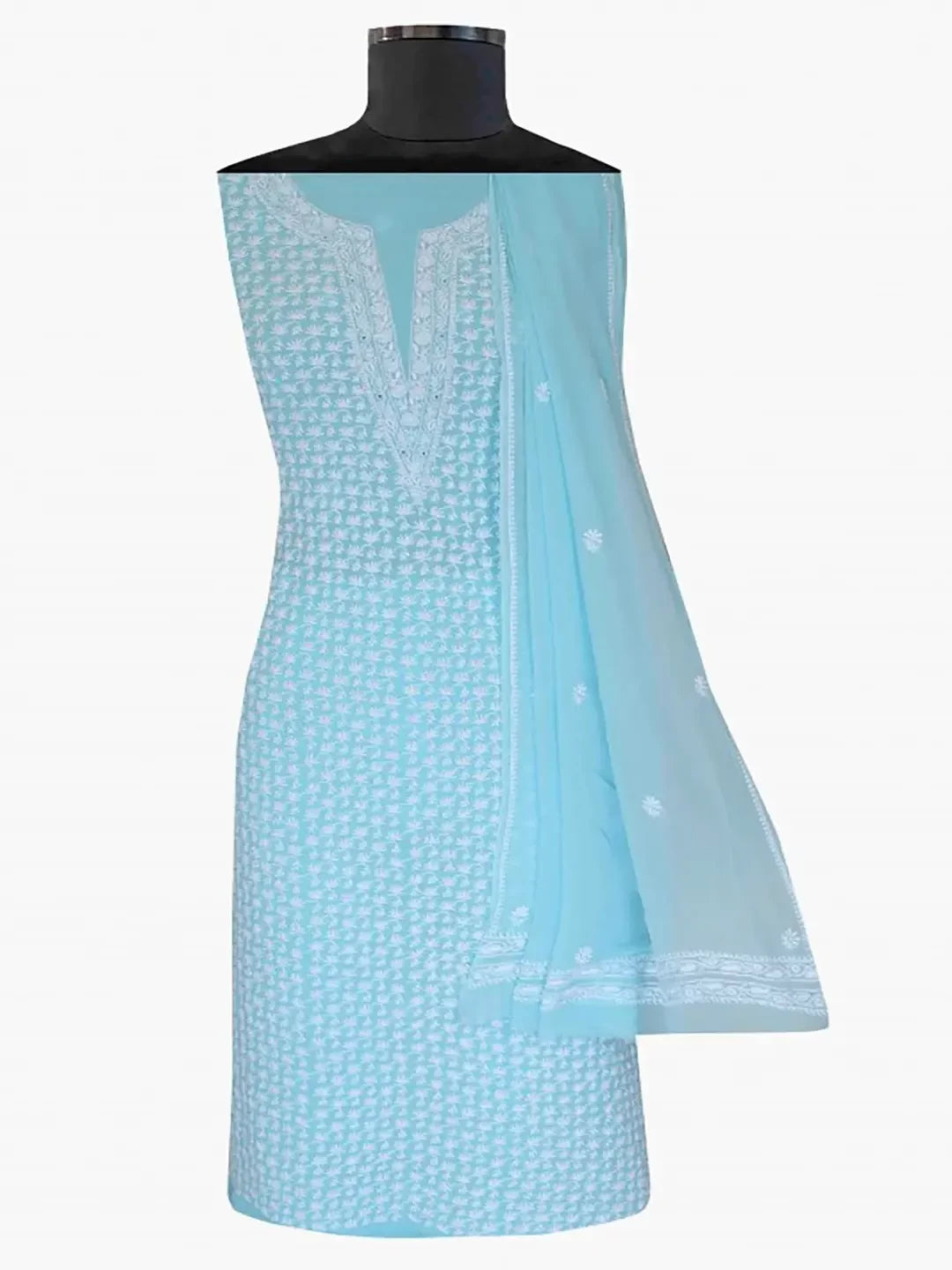 Ada Hand Embroidered Blue Pure Georgette Lucknowi Chikankari Unstitched Kurta Dupatta Set A288035