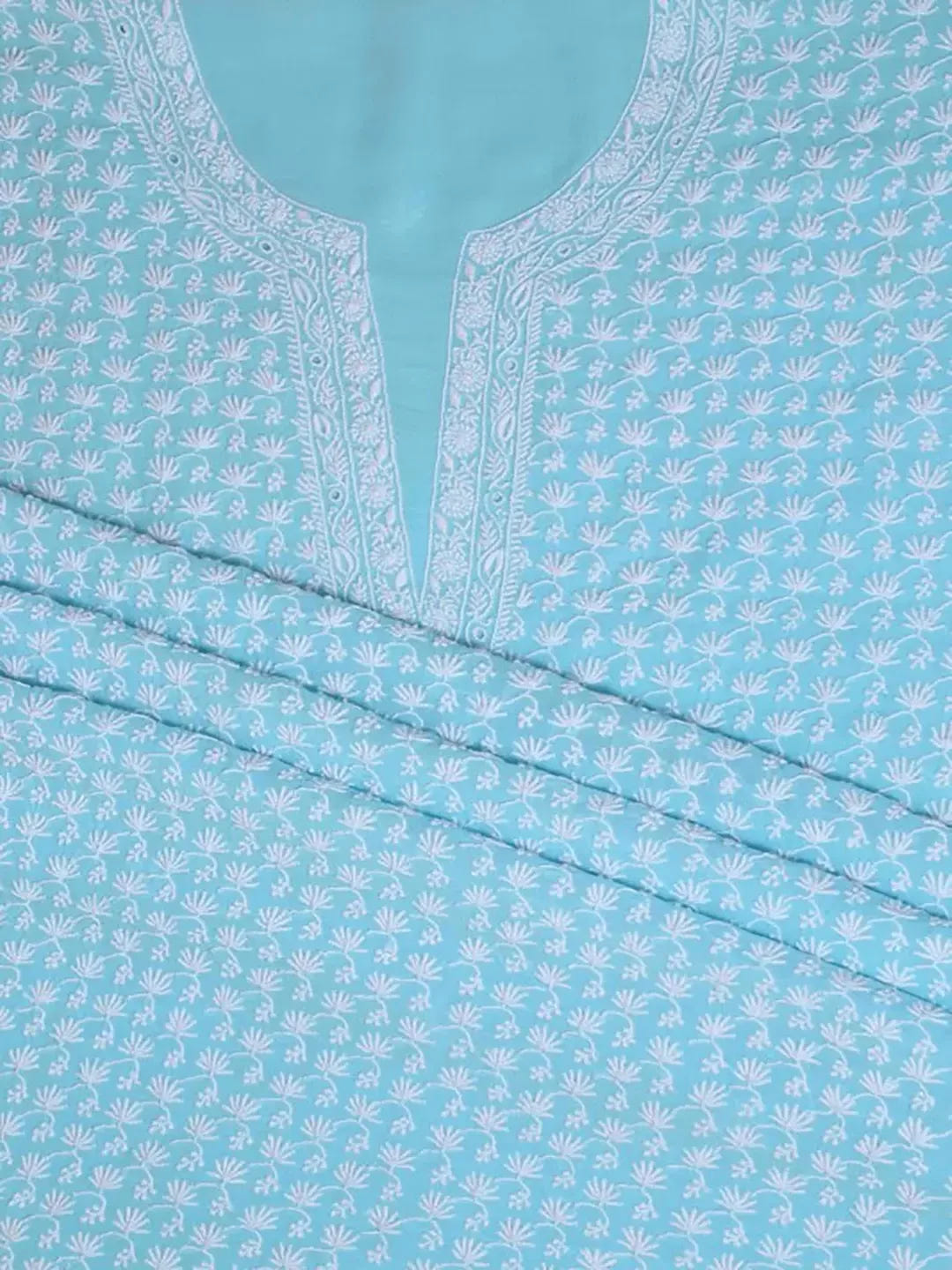Ada Hand Embroidered Blue Pure Georgette Lucknowi Chikankari Unstitched Kurta Dupatta Set A288035