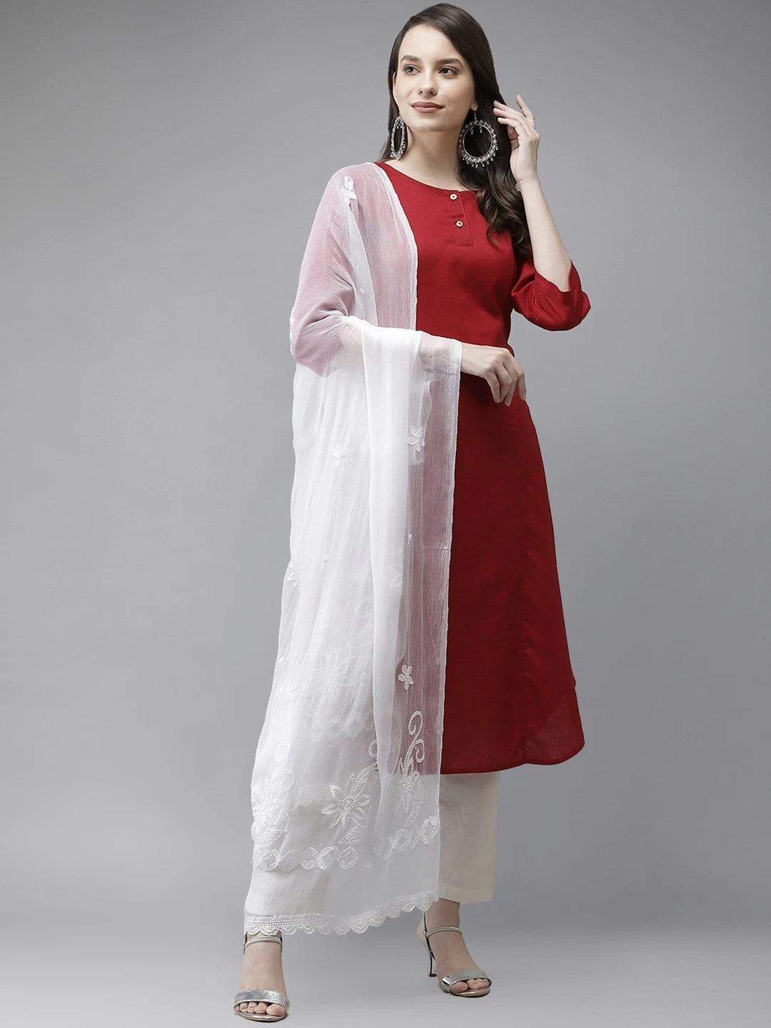 Ada Hand Embroidered White Chiffon Lucknowi Chikankari Dupatta -A511181
