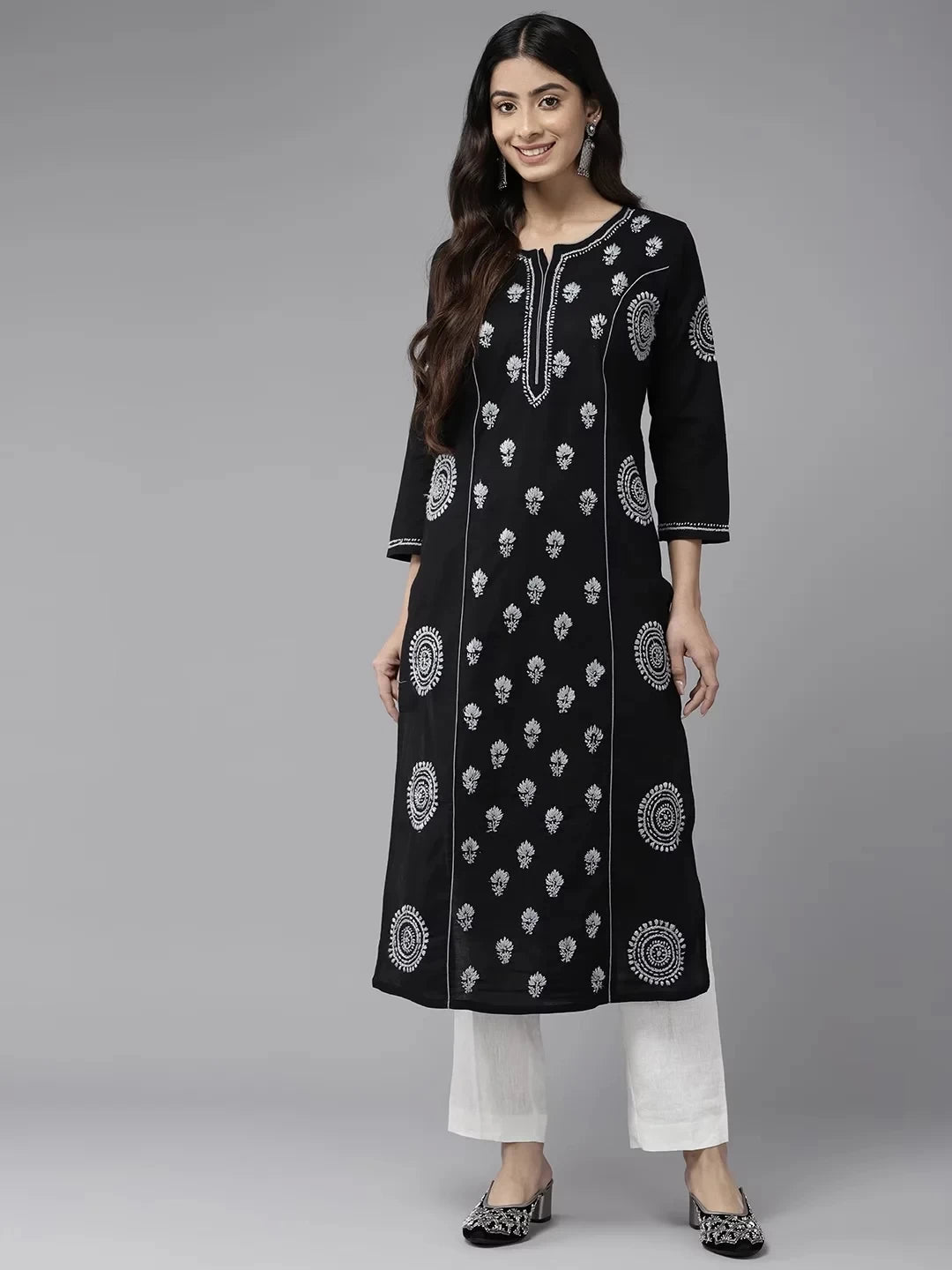 Ada Hand Embroidered Black Cotton Lucknowi Chikankari Straight Kurta A411446