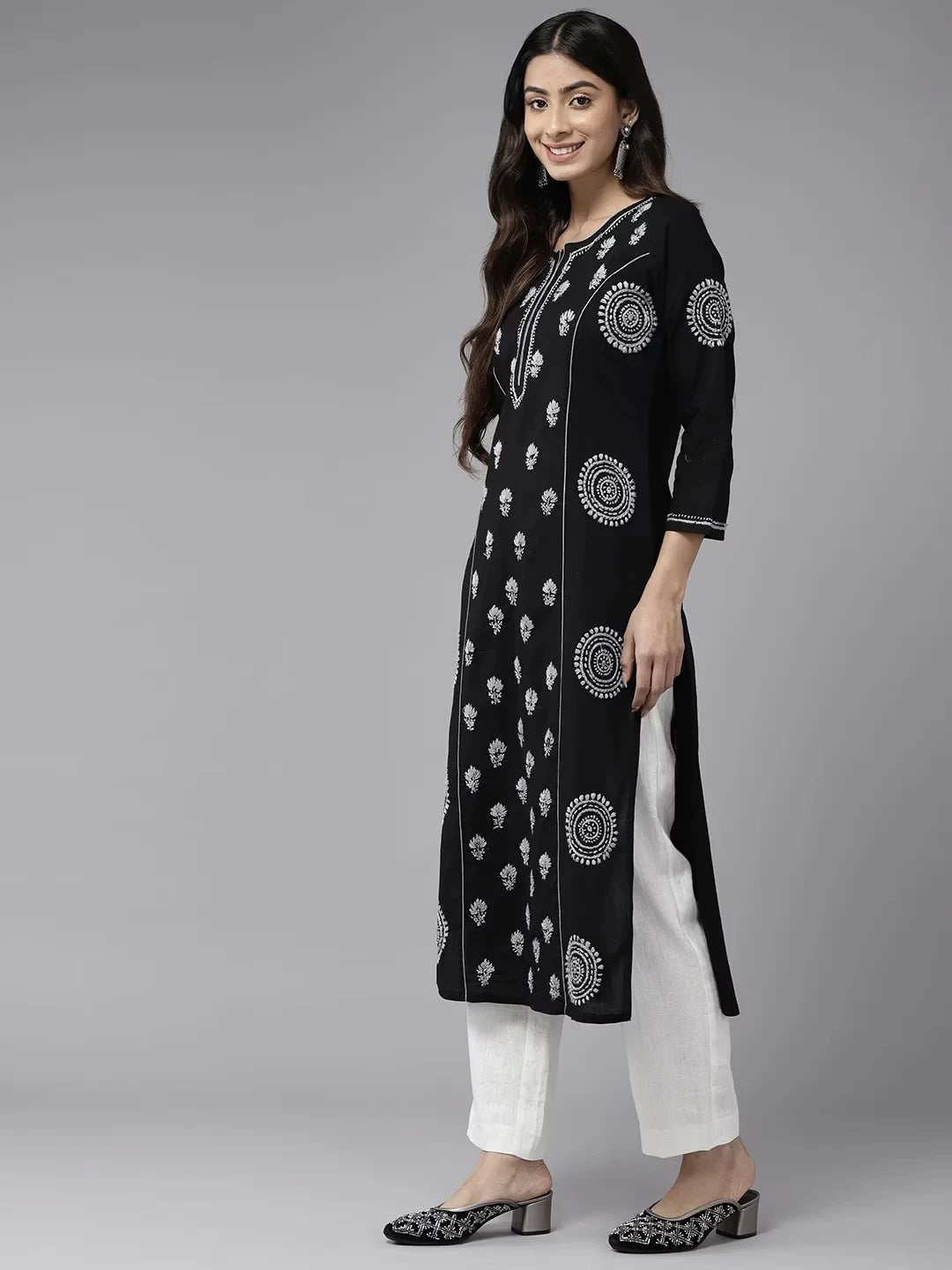 Ada Hand Embroidered Black Cotton Lucknowi Chikankari Straight Kurta A411446