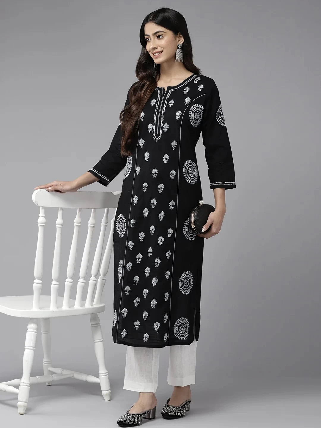 Ada Hand Embroidered Black Cotton Lucknowi Chikankari Straight Kurta A411446