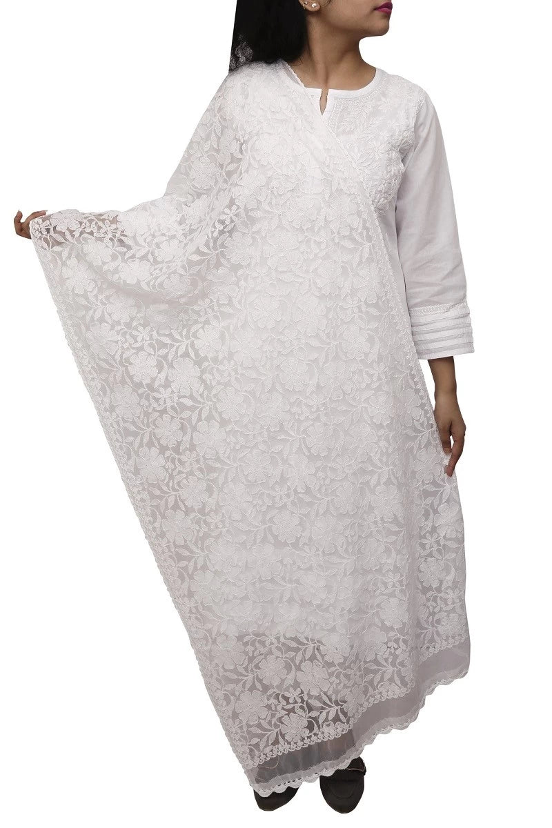 Ada Hand Embroidered White Net Lucknowi Chikankari Dupatta A567881