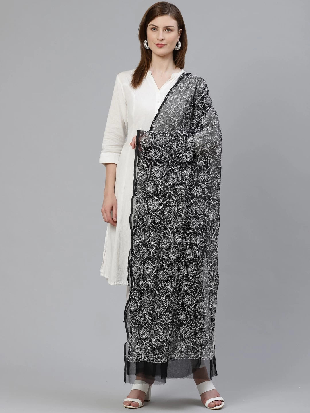 Ada Hand Embroidered Black & White Georgette Lucknowi Chikankari Dupatta A100448