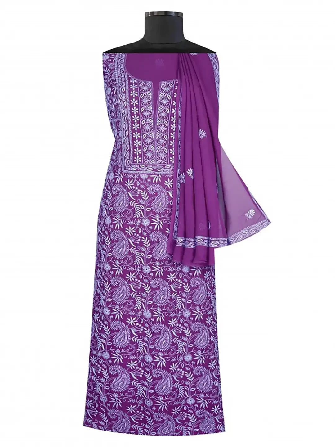 Ada Hand Embroidered Dark Purple Pure Georgette Lucknowi Chikankari Unstitched Kurta Dupatta Set A617163