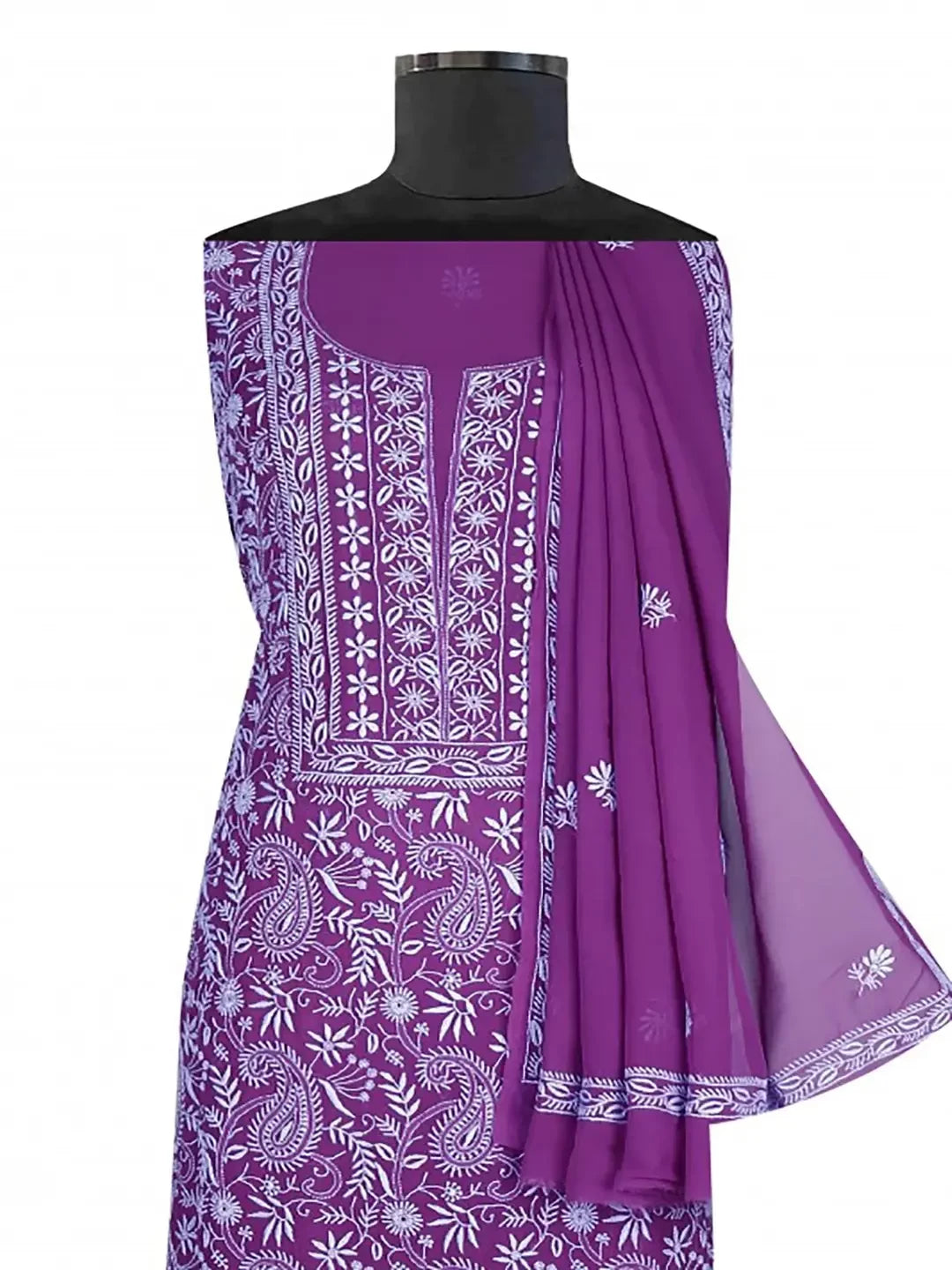 Ada Hand Embroidered Dark Purple Pure Georgette Lucknowi Chikankari Unstitched Kurta Dupatta Set A617163