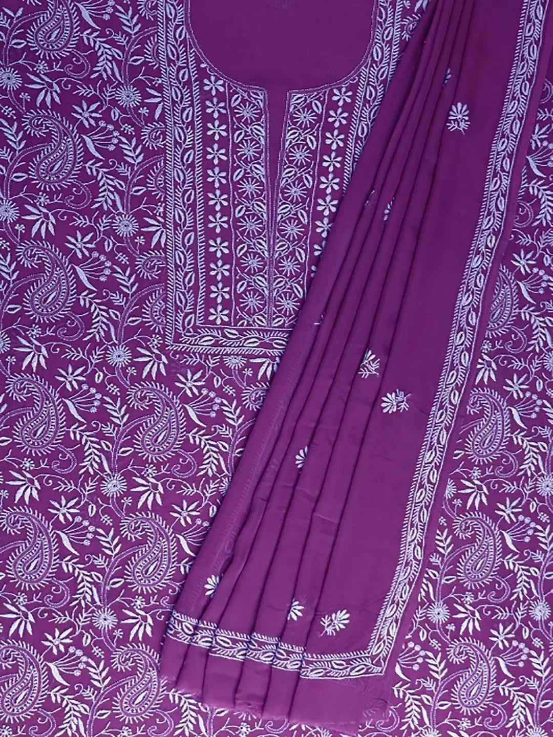 Ada Hand Embroidered Dark Purple Pure Georgette Lucknowi Chikankari Unstitched Kurta Dupatta Set A617163