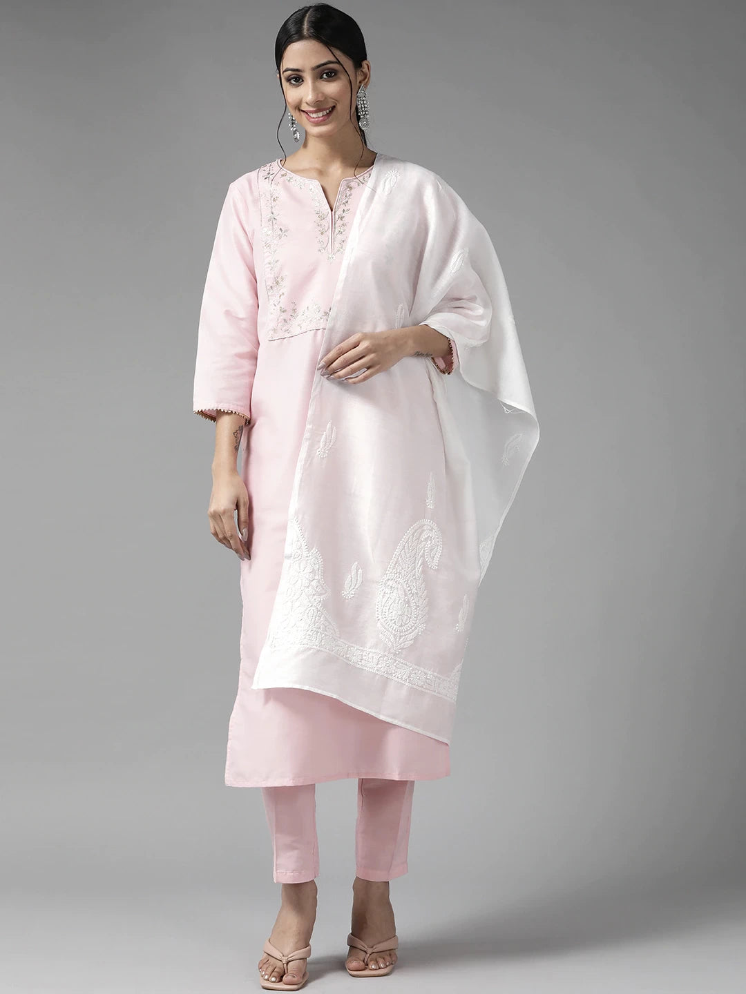 Ada Hand Embroidered White Chanderi Lucknowi Chikankari Dupatta A511211