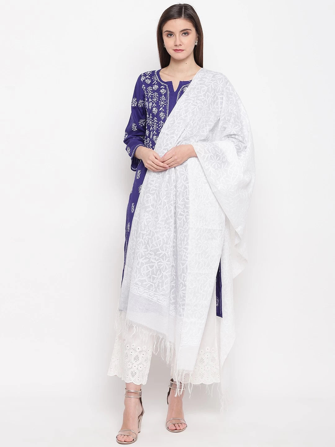 Ada Hand Embroidered White Chanderi Lucknowi Chikankari Dupatta A100271