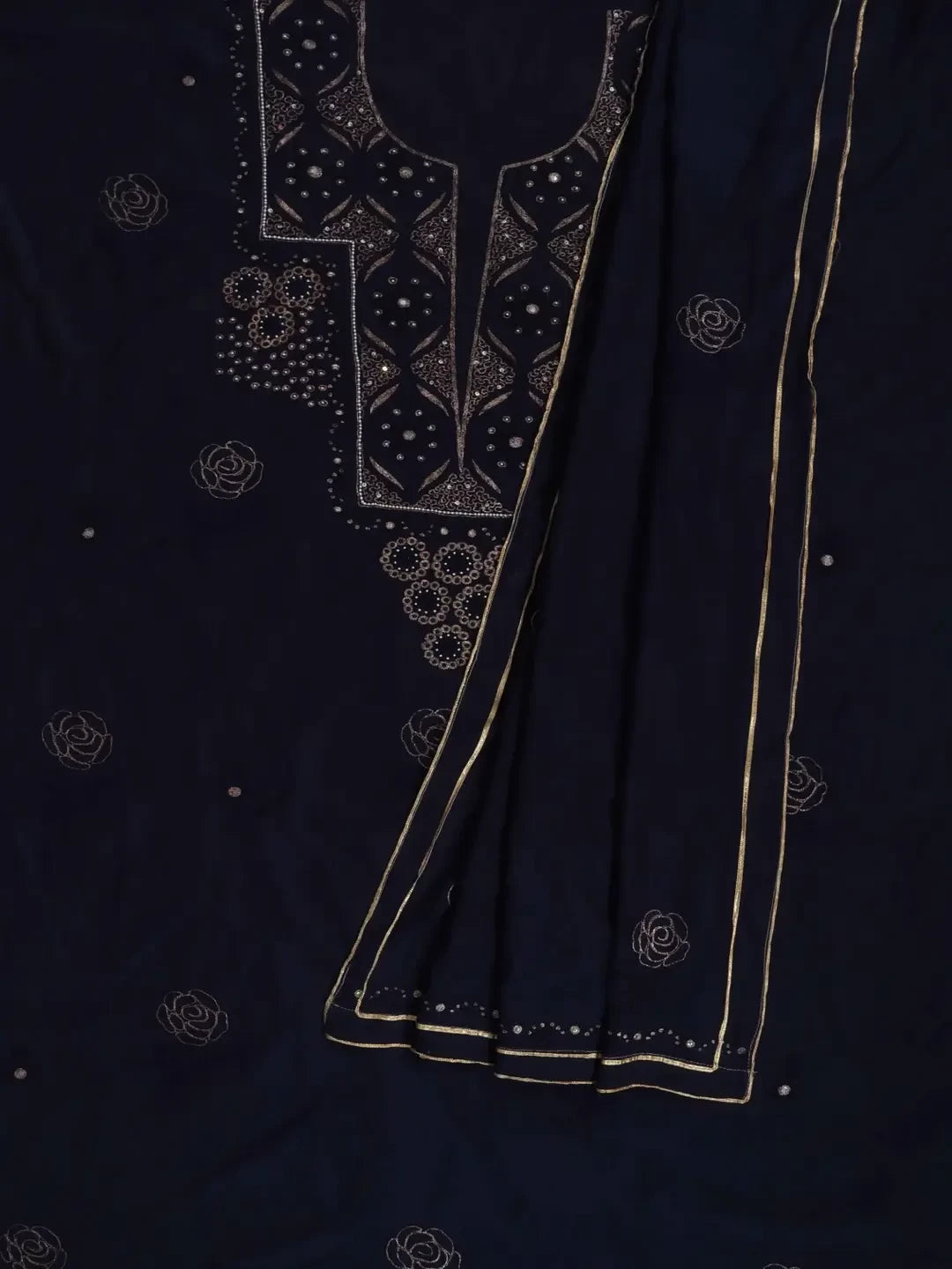 Ada Hand Embroidered Navy Blue Chanderi Lucknowi Chikankari Unstitched Kurta Dupatta Set 01A74880