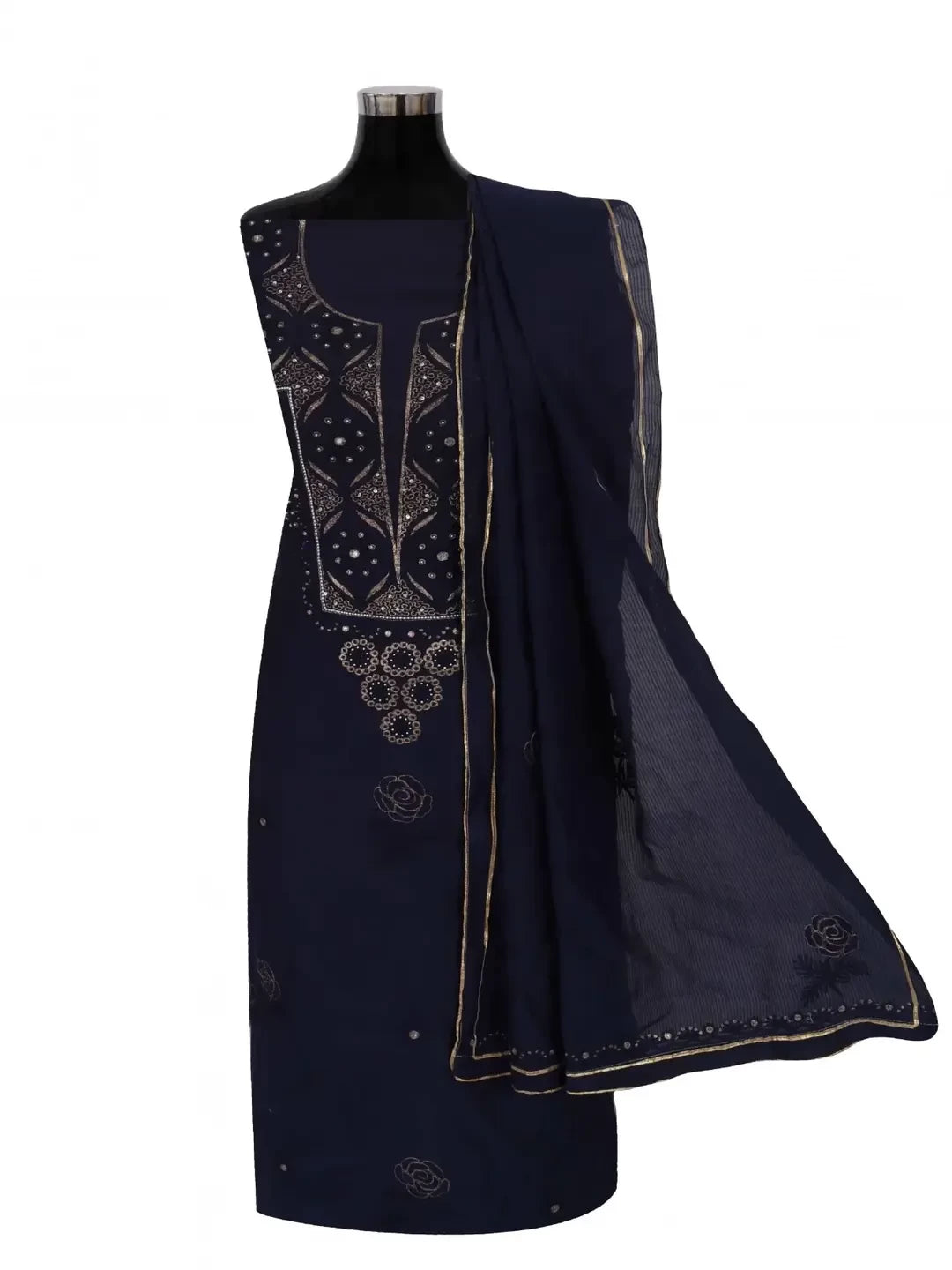 Ada Hand Embroidered Navy Blue Chanderi Lucknowi Chikankari Unstitched Kurta Dupatta Set 01A74880