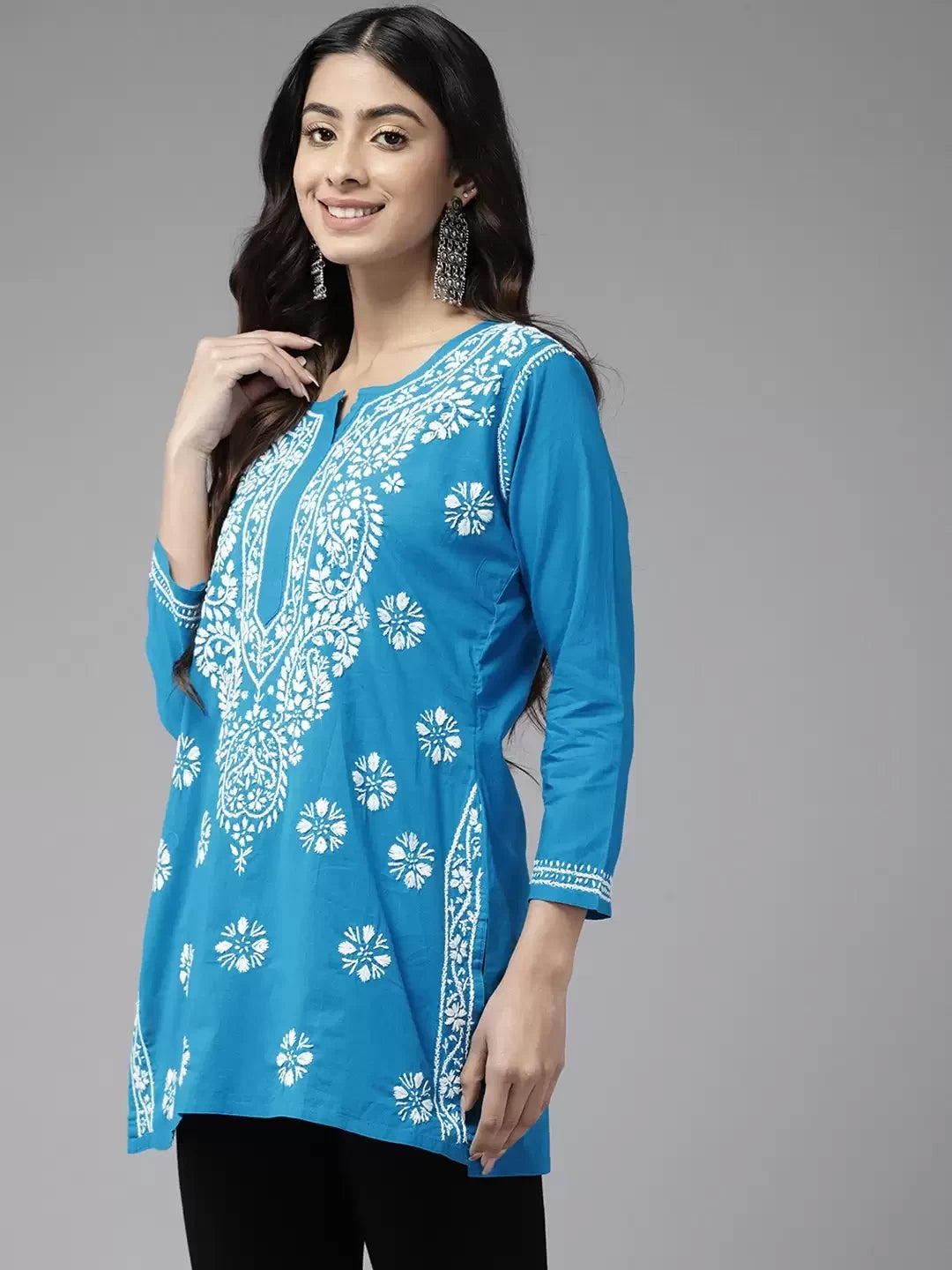 Ada Hand Embroidered Blue Cotton Lucknowi Chikankari Straight Kurti A911283