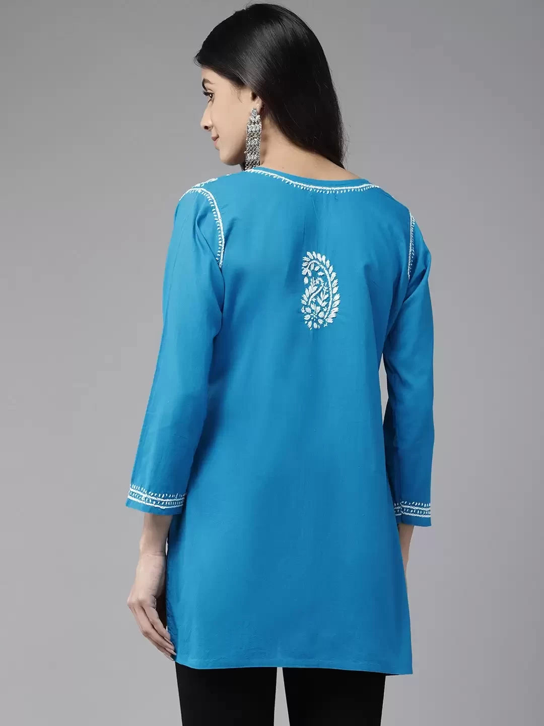 Ada Hand Embroidered Blue Cotton Lucknowi Chikankari Straight Kurti A911283
