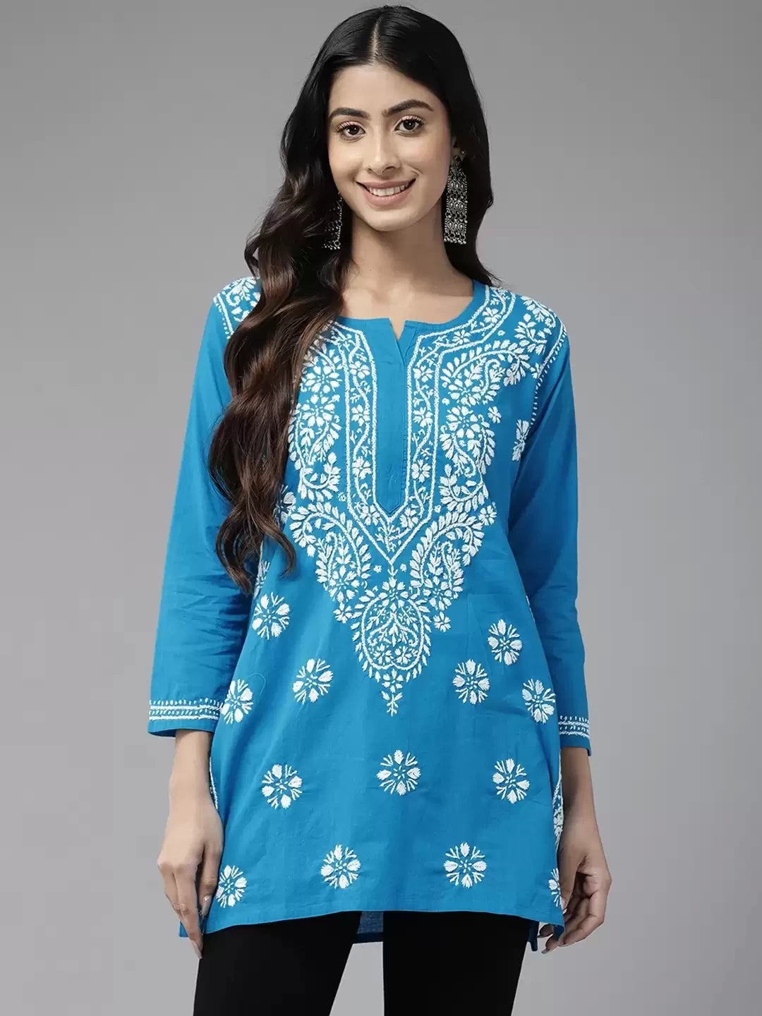 Ada Hand Embroidered Blue Cotton Lucknowi Chikankari Straight Kurti A911283