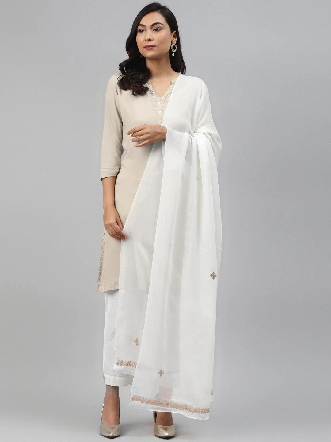Ada Hand Embroidered White Viscose Georgette Lucknowi Chikankari Dupatta with Gota Patti Work A511171
