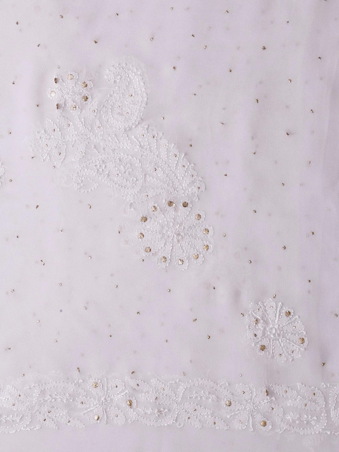 Ada Hand Embroidered White Georgette Lucknowi Chikankari Dupatta With Muqaish Work A100489