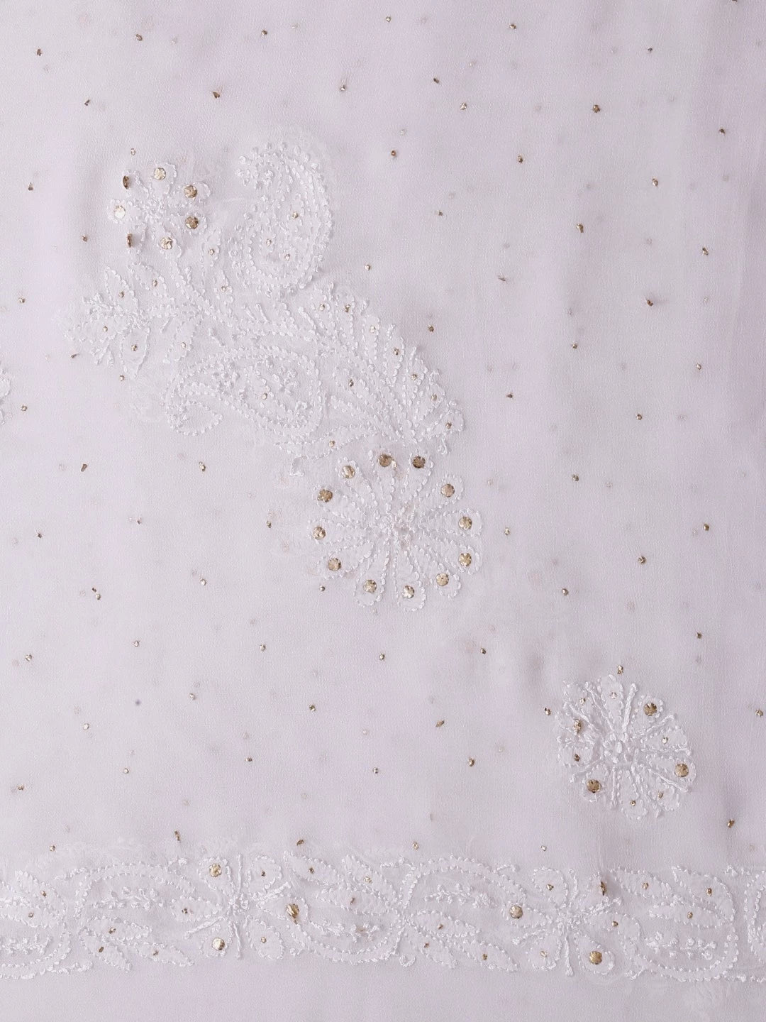 Ada Hand Embroidered White Georgette Lucknowi Chikankari Dupatta With Muqaish Work A100489