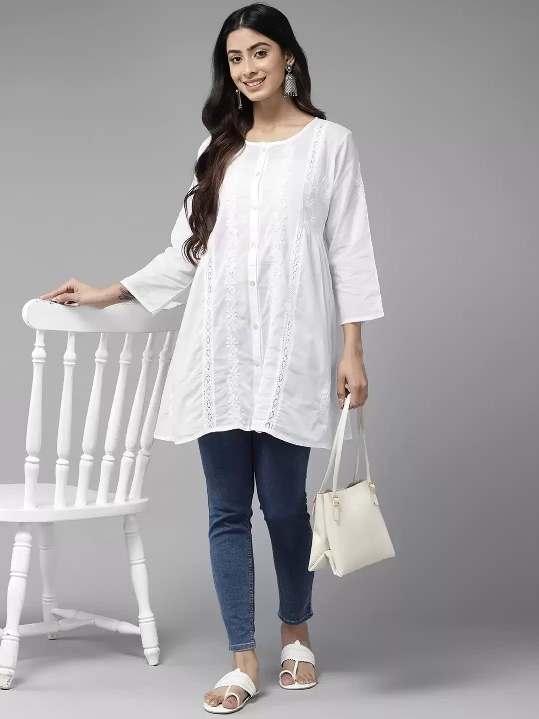 Ada Hand Embroidered White Pure Cotton Lucknowi Chikankari Straight Shirt A911284