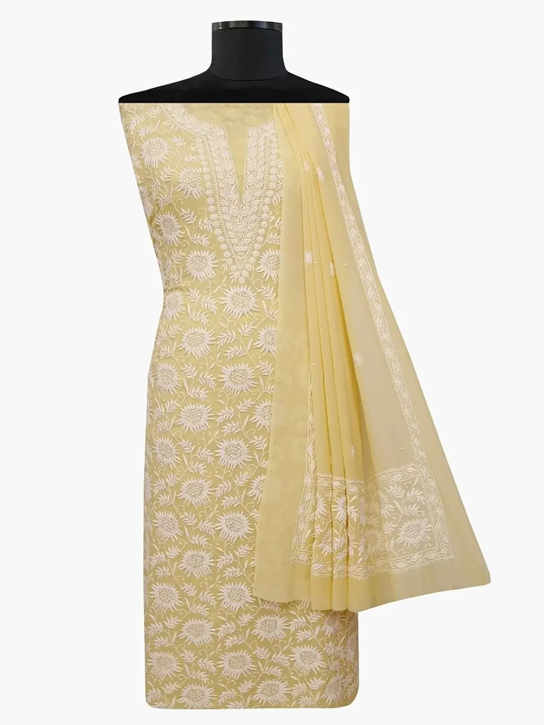 Ada Hand Embroidered Macaroon Fawn Pure Georgette Lucknowi Chikankari Unstitched Kurta Dupatta Set With Pearl Work A257113