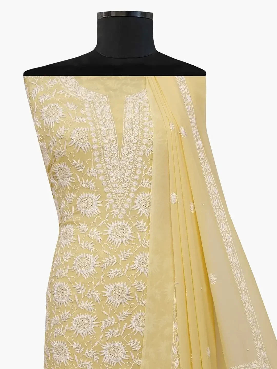 Ada Hand Embroidered Macaroon Fawn Pure Georgette Lucknowi Chikankari Unstitched Kurta Dupatta Set With Pearl Work A257113