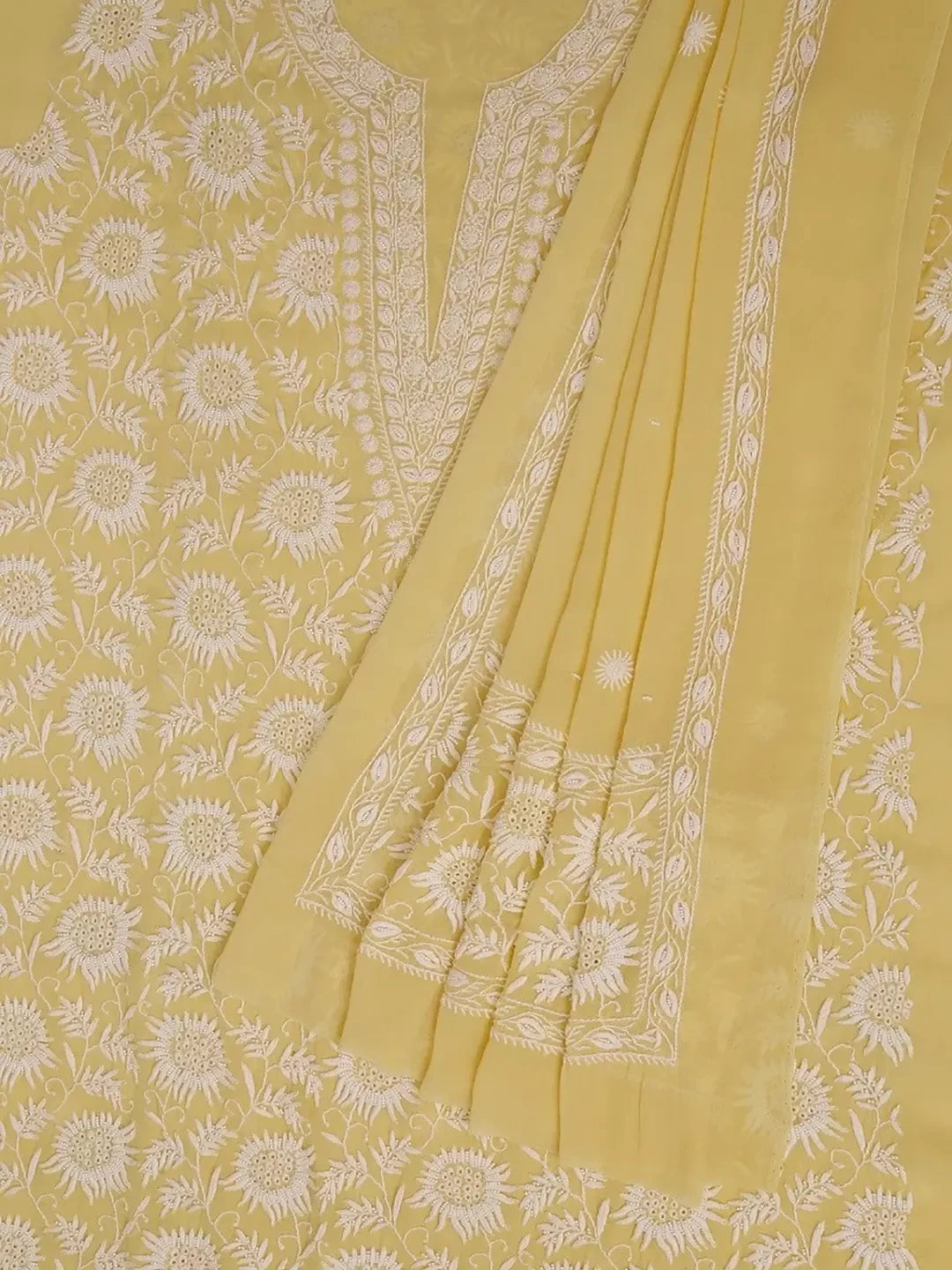 Ada Hand Embroidered Macaroon Fawn Pure Georgette Lucknowi Chikankari Unstitched Kurta Dupatta Set With Pearl Work A257113