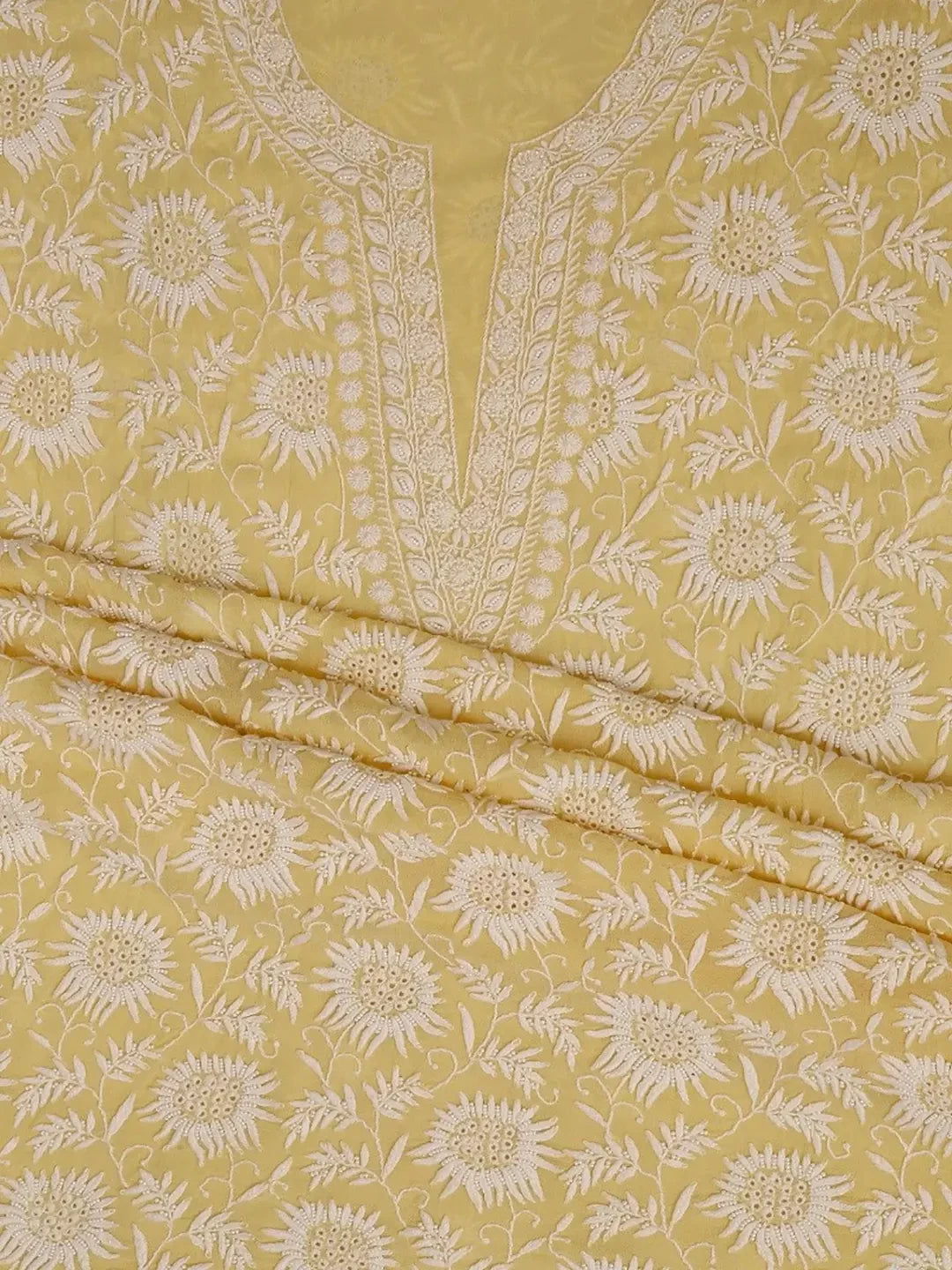 Ada Hand Embroidered Macaroon Fawn Pure Georgette Lucknowi Chikankari Unstitched Kurta Dupatta Set With Pearl Work A257113