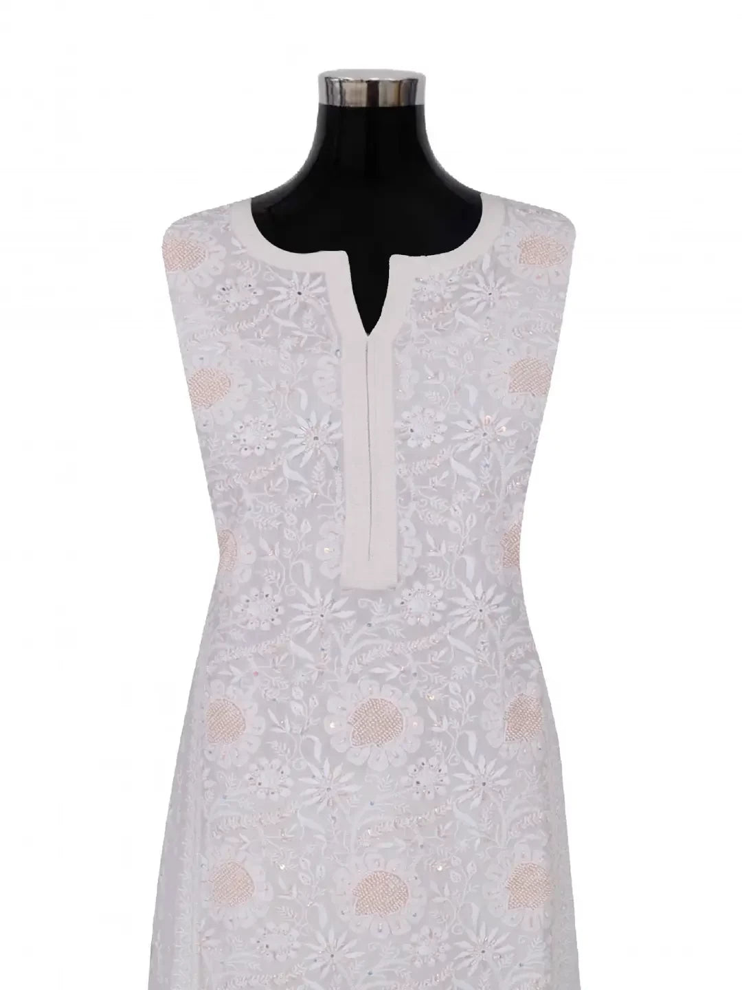 Ada Hand Embroidered White Chanderi Lucknowi Chikankari Semi-Stitched Kurta Dupatta Set With Pearl Work 01A149395