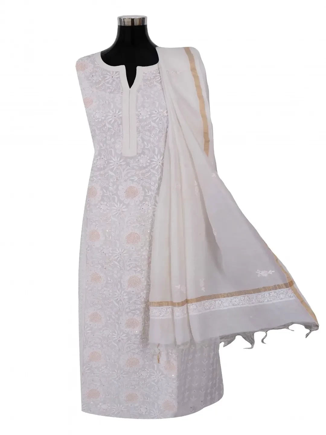 Ada Hand Embroidered White Chanderi Lucknowi Chikankari Semi-Stitched Kurta Dupatta Set With Pearl Work 01A149395