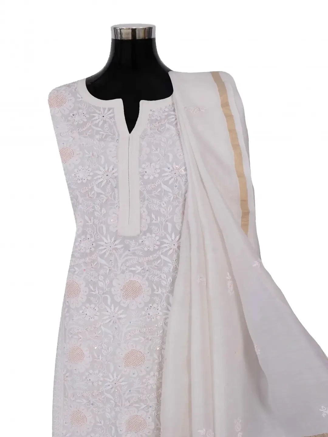 Ada Hand Embroidered White Chanderi Lucknowi Chikankari Semi-Stitched Kurta Dupatta Set With Pearl Work 01A149395