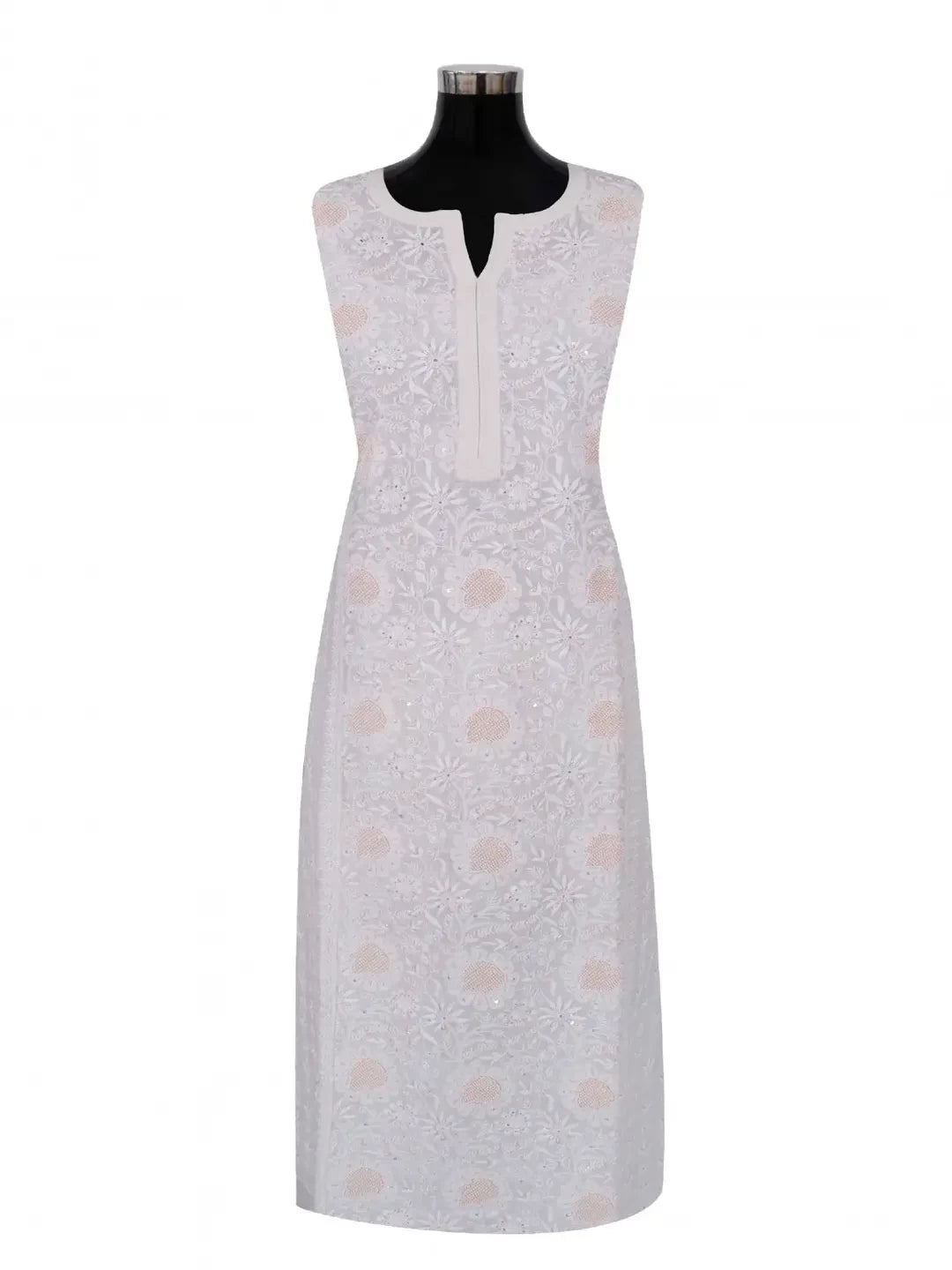 Ada Hand Embroidered White Chanderi Lucknowi Chikankari Semi-Stitched Kurta Dupatta Set With Pearl Work 01A149395