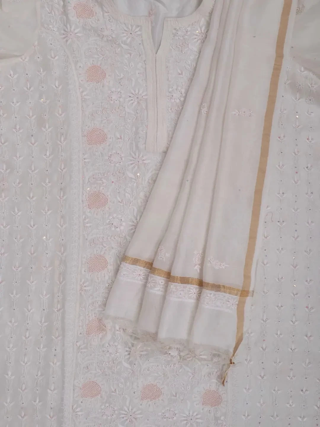 Ada Hand Embroidered White Chanderi Lucknowi Chikankari Semi-Stitched Kurta Dupatta Set With Pearl Work 01A149395