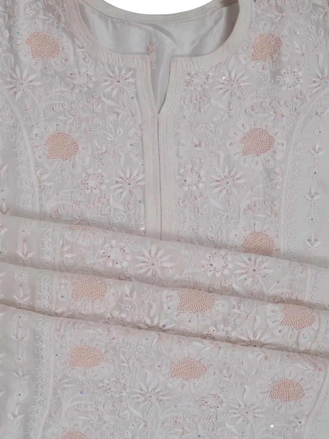 Ada Hand Embroidered White Chanderi Lucknowi Chikankari Semi-Stitched Kurta Dupatta Set With Pearl Work 01A149395