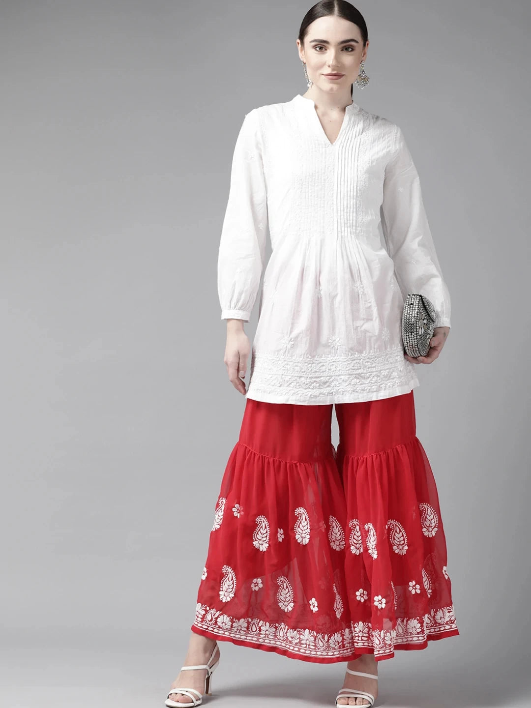 Ada Hand Embroidered Red Georgette Lucknowi Chikankari Palazzo A711161