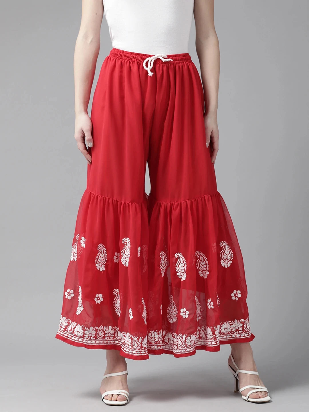 Ada Hand Embroidered Red Georgette Lucknowi Chikankari Palazzo A711161