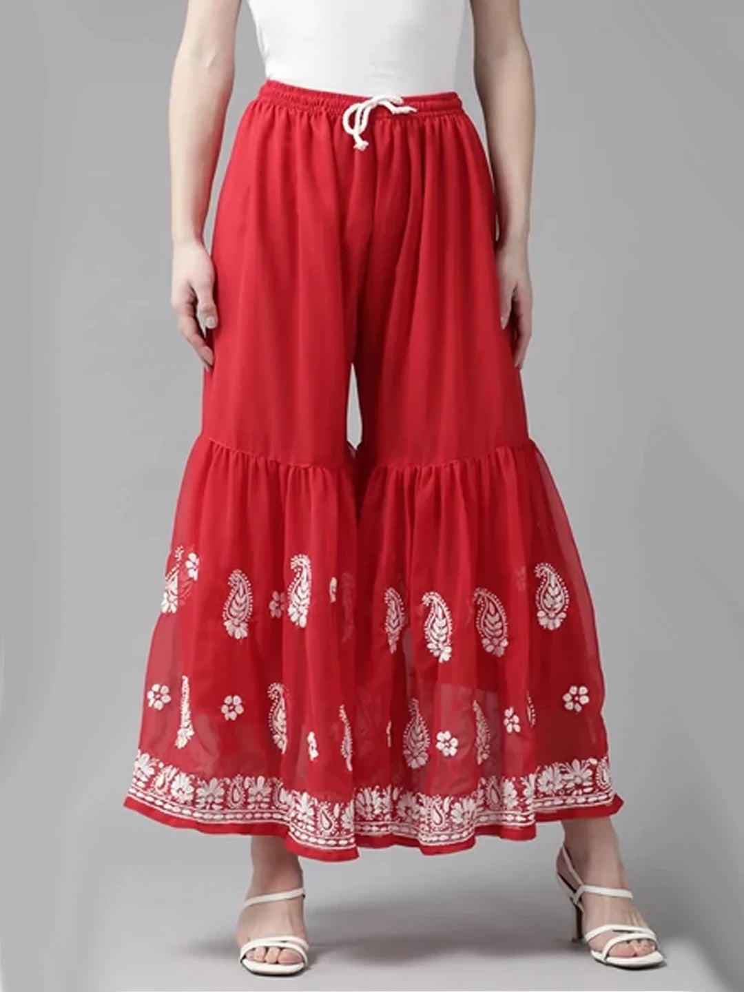 Ada Hand Embroidered Red Georgette Lucknowi Chikankari Palazzo A711161