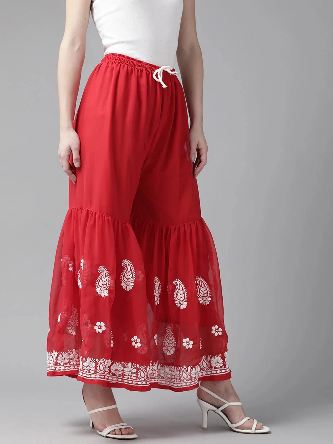 Ada Hand Embroidered Red Georgette Lucknowi Chikankari Palazzo A711161