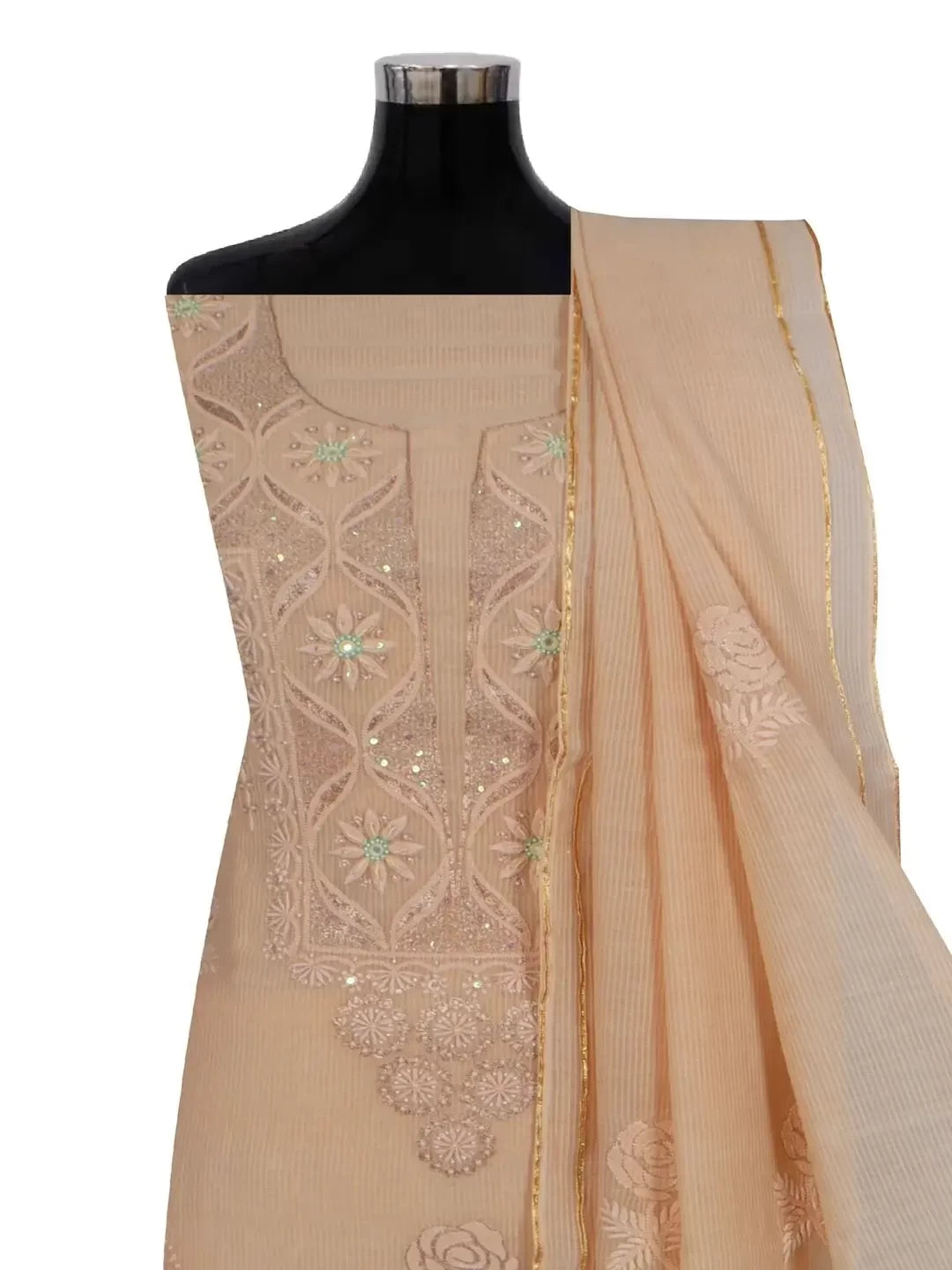 Ada Hand Embroidered Fawn Kota Lucknowi Chikankari Unstitched Kurta Dupatta Set Zari Work 01A74881