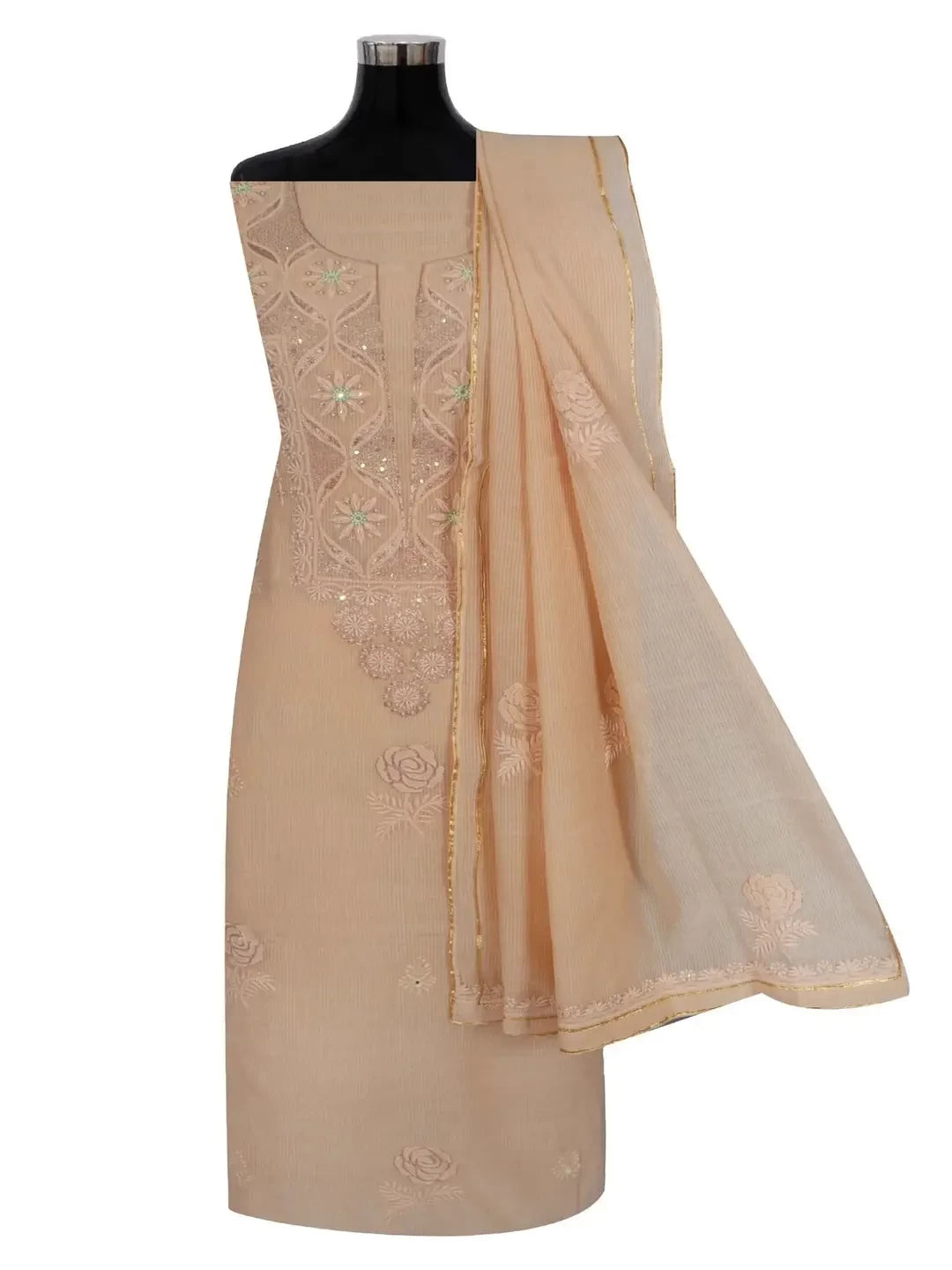 Ada Hand Embroidered Fawn Kota Lucknowi Chikankari Unstitched Kurta Dupatta Set Zari Work 01A74881