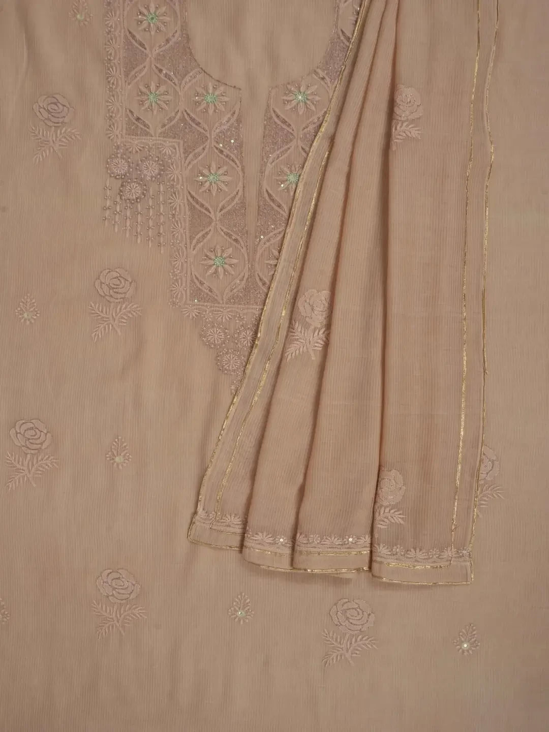 Ada Hand Embroidered Fawn Kota Lucknowi Chikankari Unstitched Kurta Dupatta Set Zari Work 01A74881