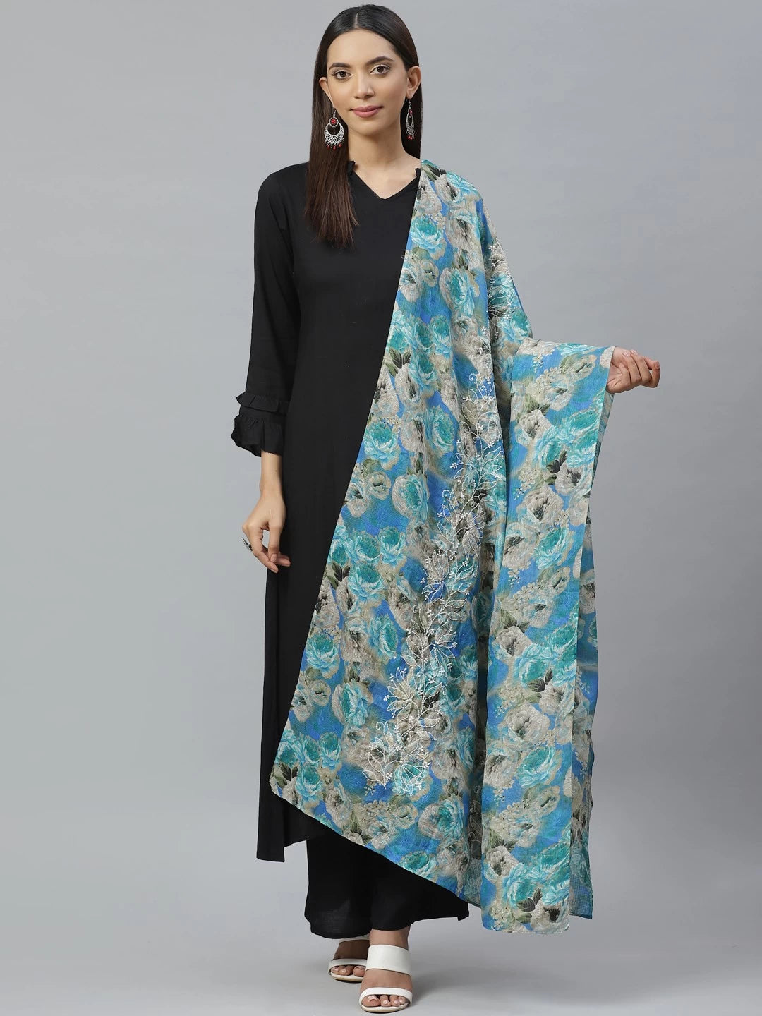 Ada Hand Embroidered Blue Multi Kota Lucknowi Chikankari Dupatta A511131