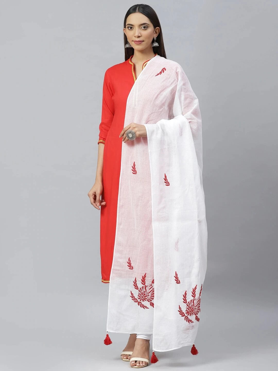 Ada Hand Embroidered White Kota Lucknowi Chikankari Dupatta A511113