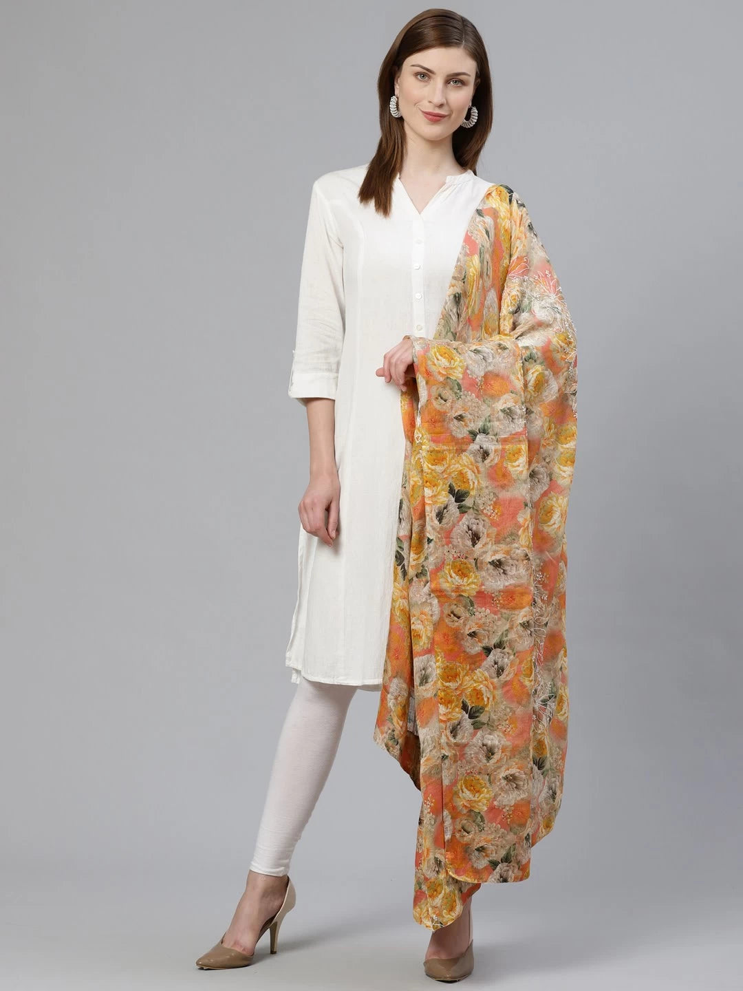 Ada Hand Embroidered Orange & Fawn Kota Lucknow Chikankari Dupatta A100447